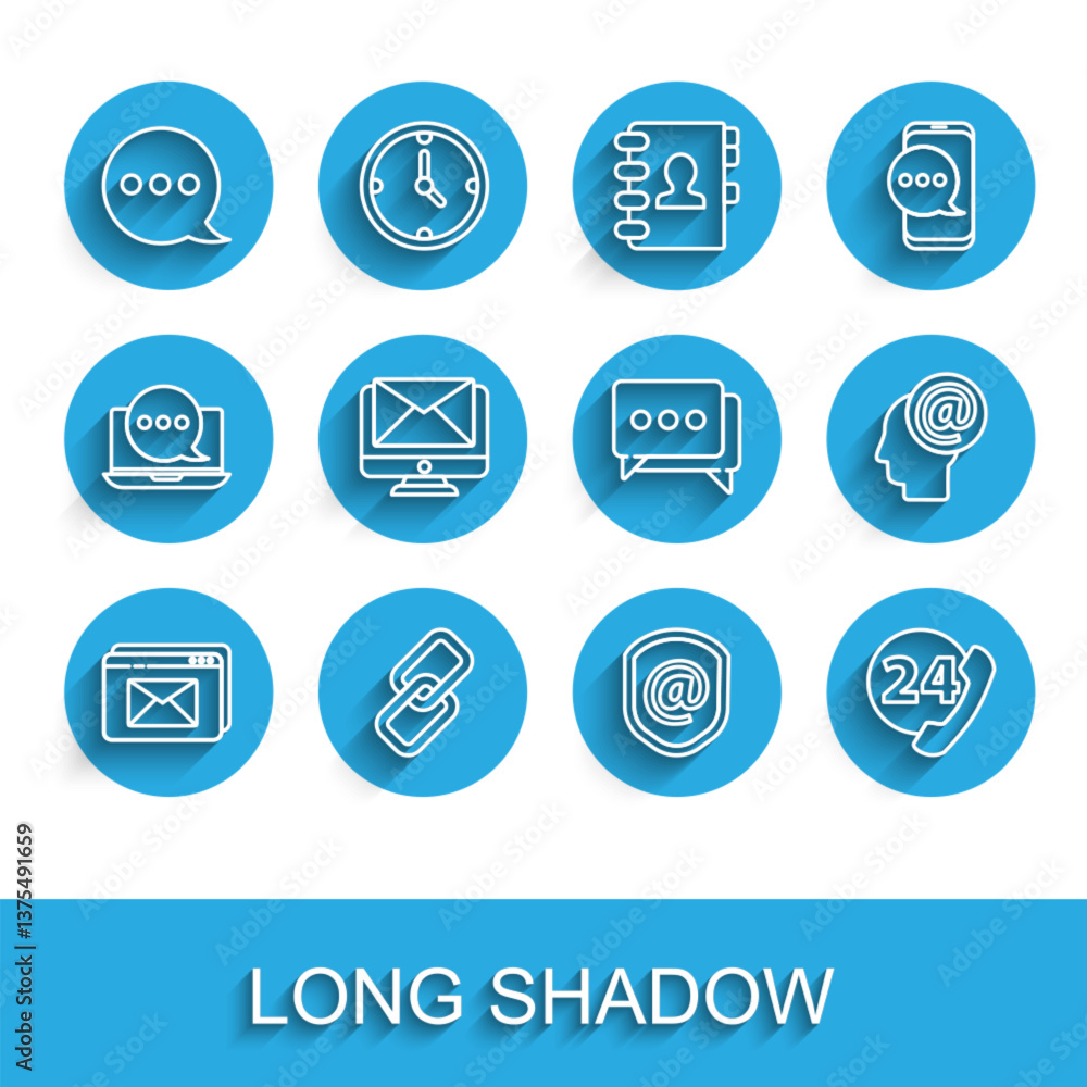 Poster set line website and envelope, chain link, speech bubble chat, shield with mail e-mail, telephone 24