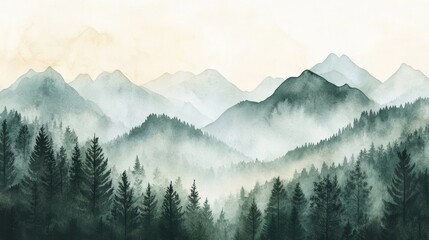 Obraz premium Watercolor of landscape forest misty mountains horizon and fog and hills,pine tree fir tree,Autumn forest background,drawn by hand,Autumn illustration design elements for landscape,wallpaper.