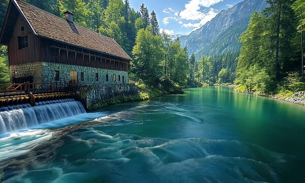 Mill by aqua river with waterfall, nestled in lush forest against mountain backdrop