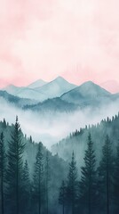 Obraz premium Watercolor of landscape forest misty mountains horizon and fog and hills,pine tree fir tree,Autumn forest background,drawn by hand,Autumn illustration design elements for landscape,wallpaper.