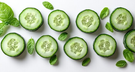 Freshly Sliced Cucumber Pieces on White Background in Photorealistic Style