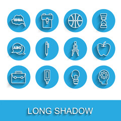 Set line Briefcase, Marker pen, Idea, speech bubble, Light bulb with concept of idea, Head gear inside, Pen, Apple and Drawing compass icon. Vector