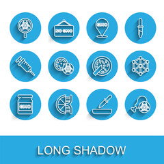 Set line GMO, Genetically modified orange, Biohazard and magnifying glass, Pipette, Gmo research chicken, and Petri dish with bacteria icon. Vector