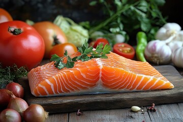 Fresh Salmon Fillet with Garlic Lemon and Vegetables on Rustic Wooden Table
