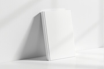 Blank white book mockup standing against wall.