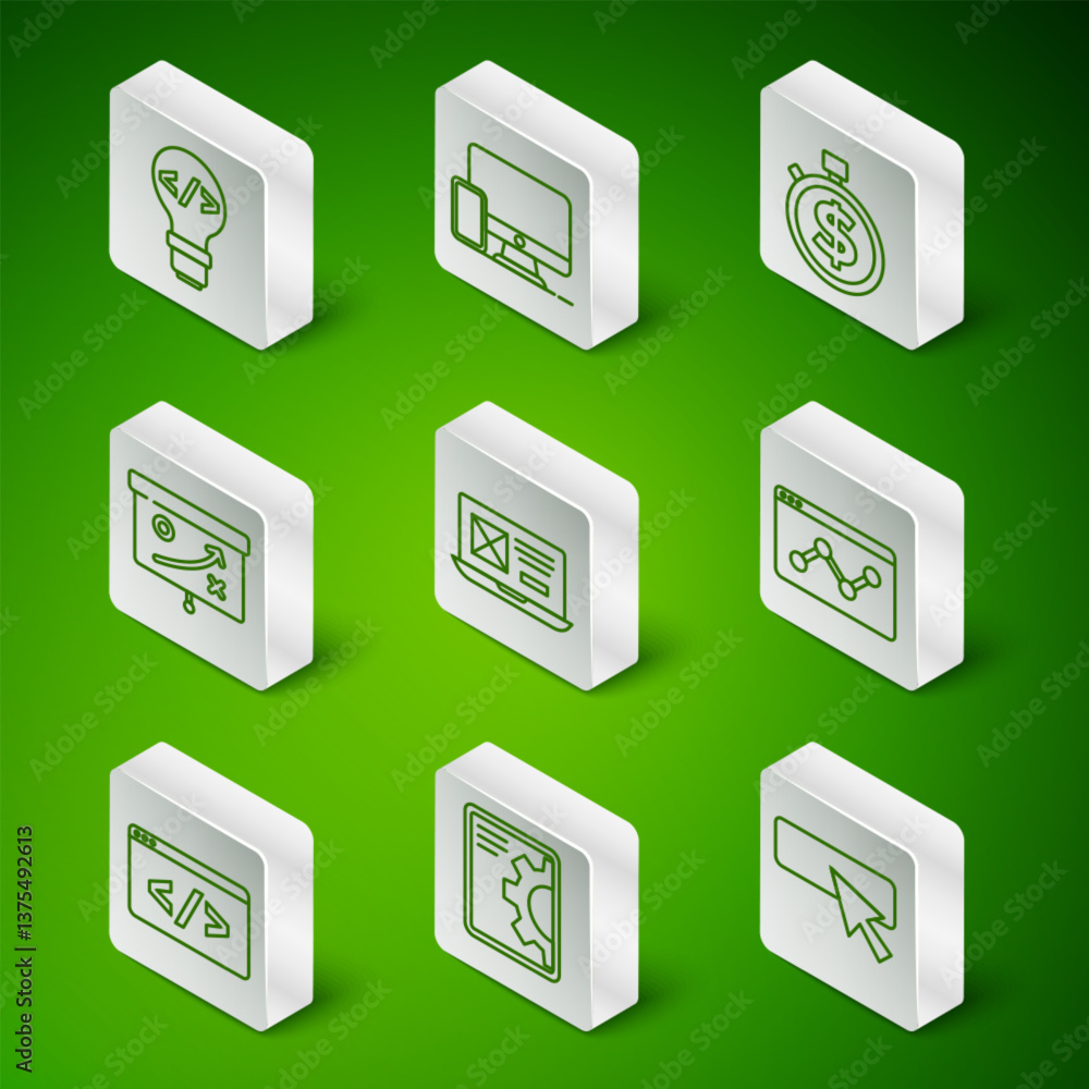 Poster set line ui or ux design, web development, front end, planning strategy concept, monitor and mobile,