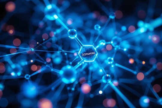 Dopamine molecule digital visualization with glowing blue neural connections.