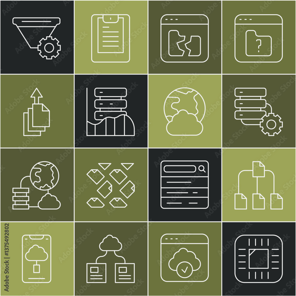 Poster set line processor with cpu, folder tree, server and gear, broken file, server, data, web hosting, e