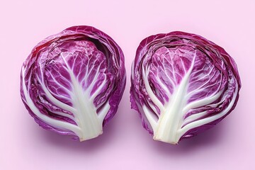 Obraz premium Fresh Radicchio Cut in Half Vibrant Purple Cabbage Isolated on White Background