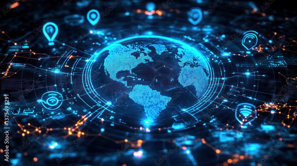 Aufkleber wireless network communication technologies in a futuristic digital globe visualization