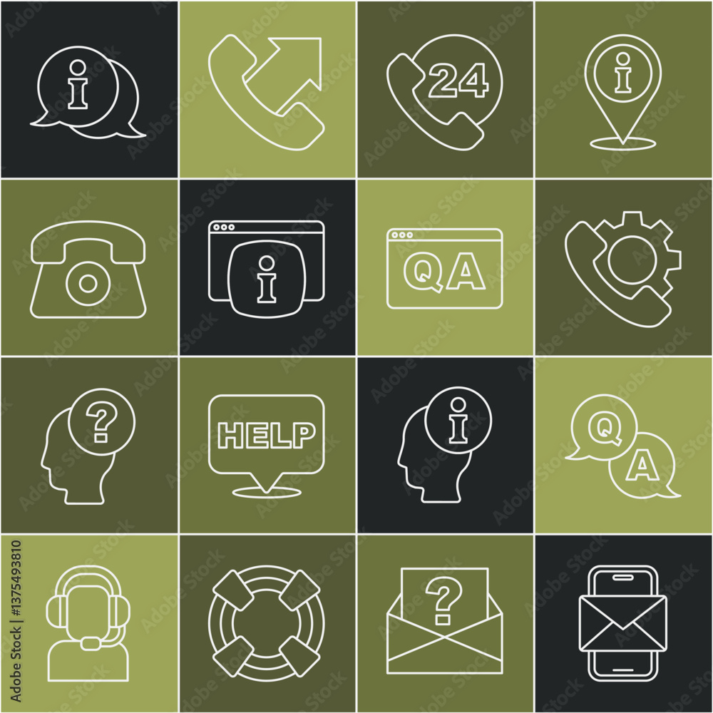 Poster set line mobile and envelope, question answer, telephone 24 hours support, monitor with faq informat