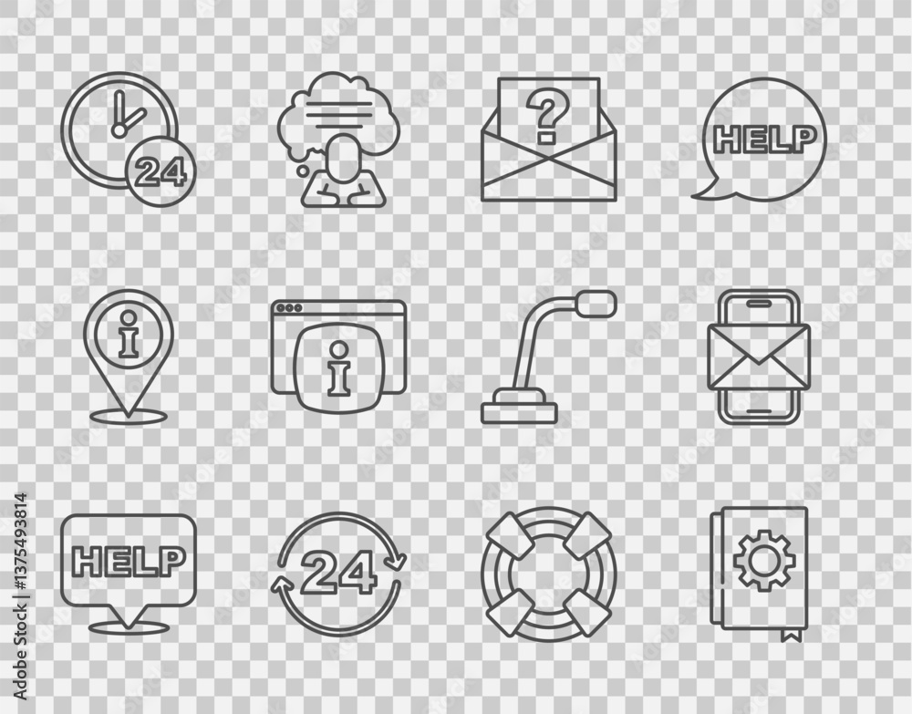 Poster set line speech bubble with text help, user manual, envelope question mark, telephone 24 hours suppo