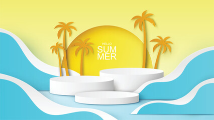 Circle template for Summer with sea wave, coconut tree, sun and Hello Summer text. Summer mockup scene. paper cut and craft style. vector, illustration.