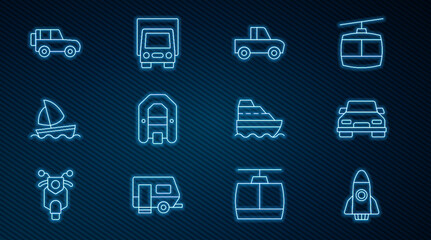 Set line Rocket ship, Car, Pickup truck, Rafting boat, Yacht sailboat, Off road car, Cruise and Delivery cargo icon. Vector