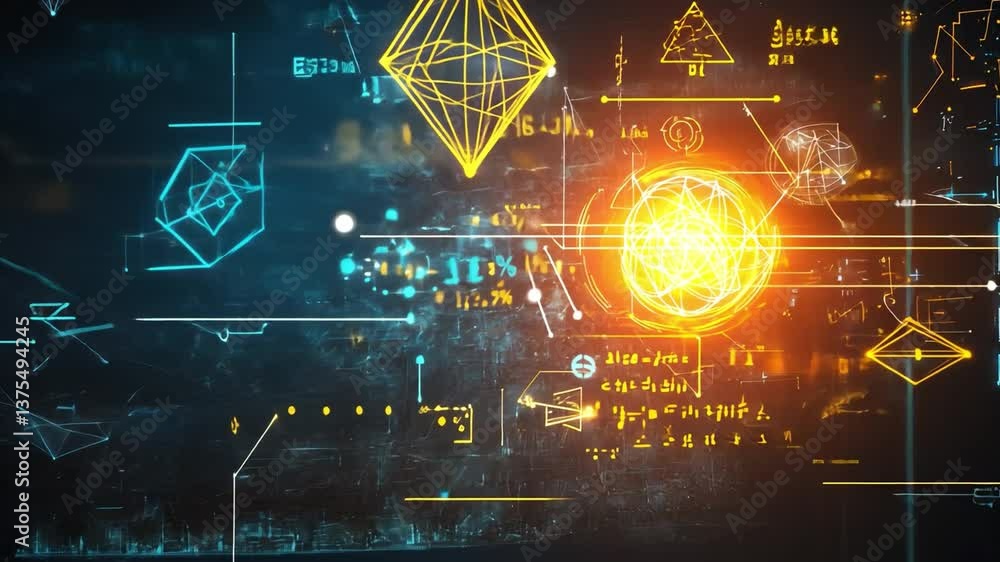 Poster digital blueprint: abstract geometric shapes and technological schematics illuminate the screen, sug