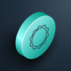 Isometric line Sun icon isolated on black background. Turquoise circle button. Vector