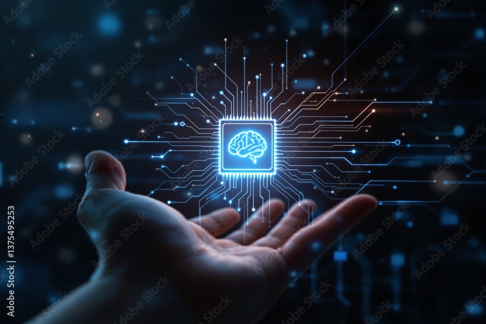 Aufkleber hand holding ai microchip with brain symbol on futuristic digital background.