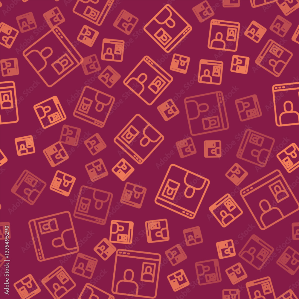 Poster brown line video chat conference icon isolated seamless pattern on red background. computer with vid
