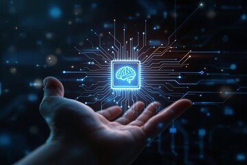 Hand holding AI microchip with brain symbol on futuristic digital background.