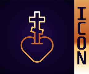 Obraz premium Gold line Religious cross in the heart inside icon isolated on black background. Love of God, Catholic and Christian symbol. People pray. Vector