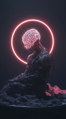 futuristic sculpture of humanoid figure with glowing, wireframe head, surrounded by neon halo. intricate details of robotic body contrast with dark background, creating striking visual impact