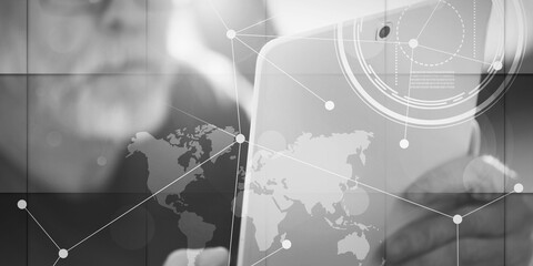 Businessman using his tablet, overlayed with graphs and network, geometric pattern
