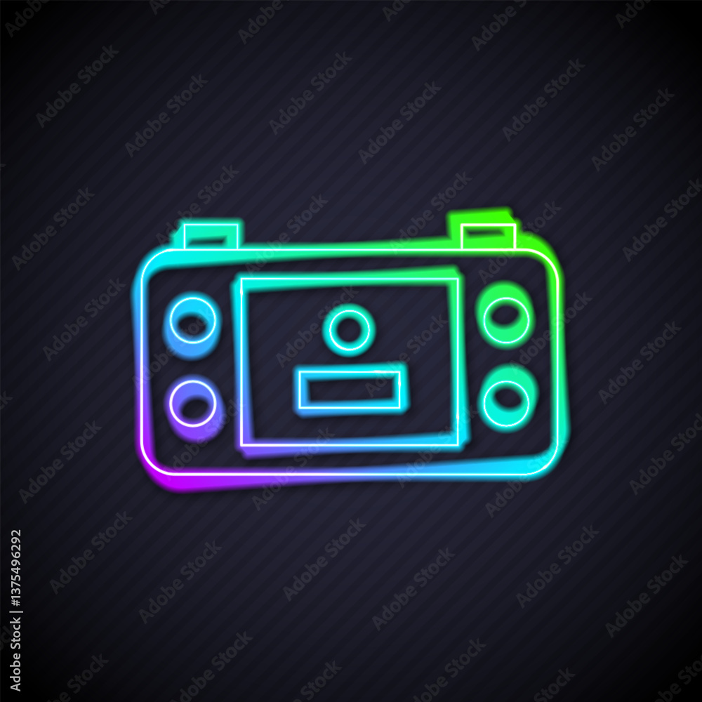 Poster glowing neon line portable video game console icon isolated on black background. handheld console ga