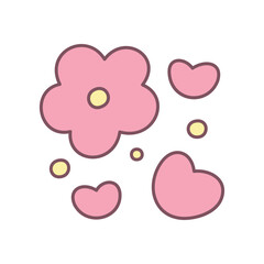 Cute flower illustration. Whimsical pink hearts and flowers with small dots. Simple hand drawn illustration isolated on a white background. Kawaii sticker. Vector 10 EPS.