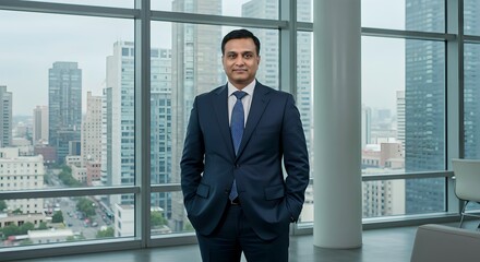 Confident Businessman in Suit with Cityscape Background