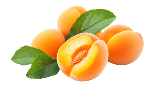Fresh ripe apricots with green leaves on white background. Fuzzy golden-orange fruit, deep green serrated leaves in focus. Juicy and vibrant summer fruits for healthy eating and snacks white and trans