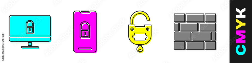 Poster set lock on computer monitor, mobile with closed padlock, lock and key and bricks icon. vector