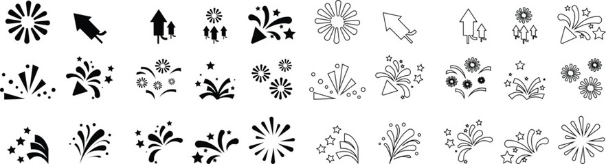 Fireworks set. symbols of firecracker icons for Anniversary, New year, Celebrate, Festival. Flat design, Glamour, shining template, Premium Quality Designs Elements, isolated on transparent background