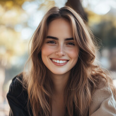 Obraz premium Portrait of a young woman with a natural look and warm smile outdoors. Soft light and warm tones create a welcoming, authentic atmosphere.