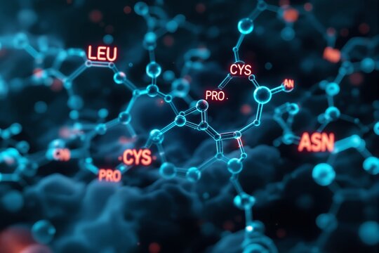 Molecular structure with amino acids labeled in glowing red text.
