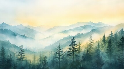 Obraz premium Watercolor of landscape forest misty mountains horizon and fog and hills,pine tree fir tree,Autumn forest background,drawn by hand,Autumn illustration design elements for landscape,wallpaper.