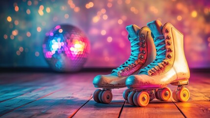 Fototapeta premium A nostalgic scene of well-loved roller skates next to a disco ball on a wooden surface, reflecting the 70s roller disco era.