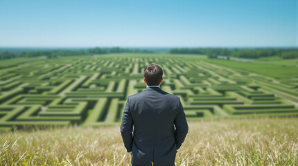 A businessman in a formal suit stands in an empty field in front of a giant maze, pondering difficult life choices and a strategy for the future