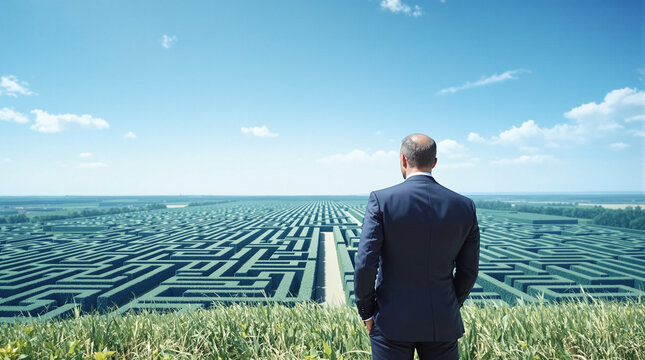 A pensive businessman stands in the middle of an open field in front of a giant maze, symbolizing difficult life choices and the search for a way out of a difficult situation