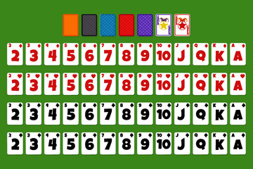 Cartoon Full deck of playing cards. Set with isolated cards for Poker or Solitaire game UI. Each card on a separate layer