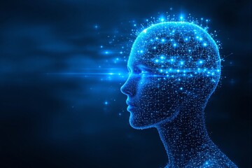 Fototapeta premium Futuristic digital human head with glowing blue neural connections.