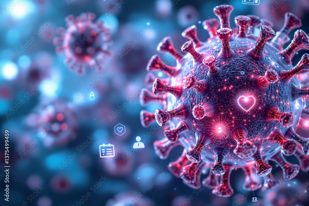 Poster futuristic visualization of a virus particle with digital elements.