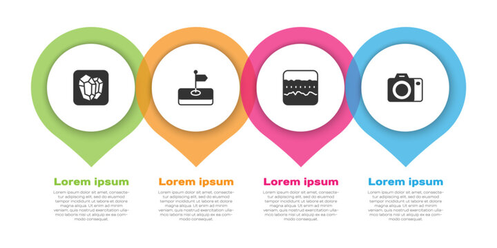 Set Gem stone, Flag, Soil ground layers and Photo camera. Business infographic template. Vector