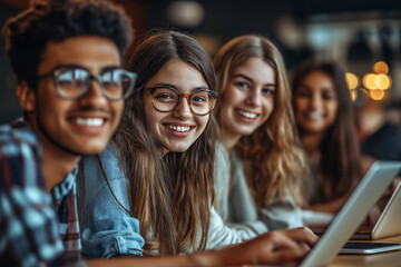 A diverse group of young professionals in the office, working collaboratively on a high-priority business project.