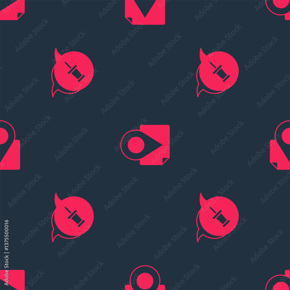 Poster set push pin and folded map with location marker on seamless pattern. vector