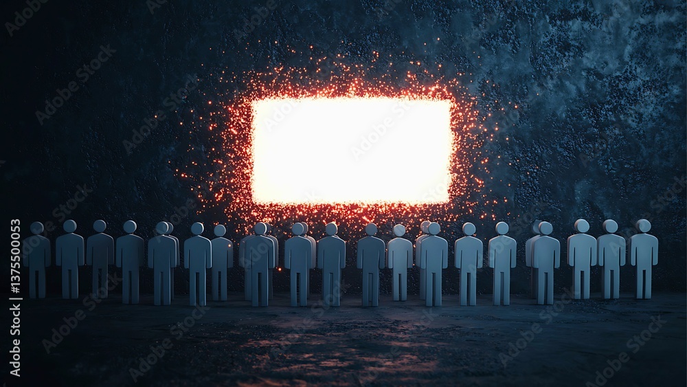 Poster a group of stylized people standing in front of a glowing rectangle, possibly representing a portal 