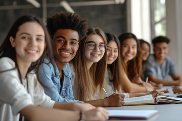 A group of business professionals working side by side, putting their heads together to solve a work-related project in the office.