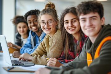 A dynamic team of young professionals collaborating and brainstorming on a project together in the office environment.