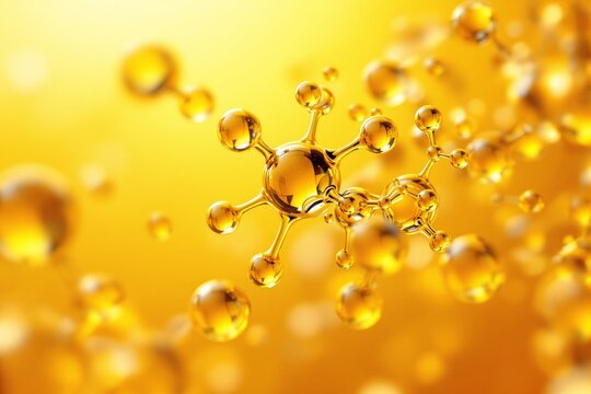 Golden molecular structure with glossy spheres on bright yellow background.