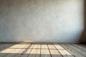 Fototapeta premium Empty Room Interior with Light Streaming Across Wooden Floor and Neutral Wall
