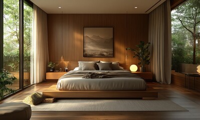 Luxury Modern Minimalist Bedroom with Wooden Panel Walls and Soft Lighting